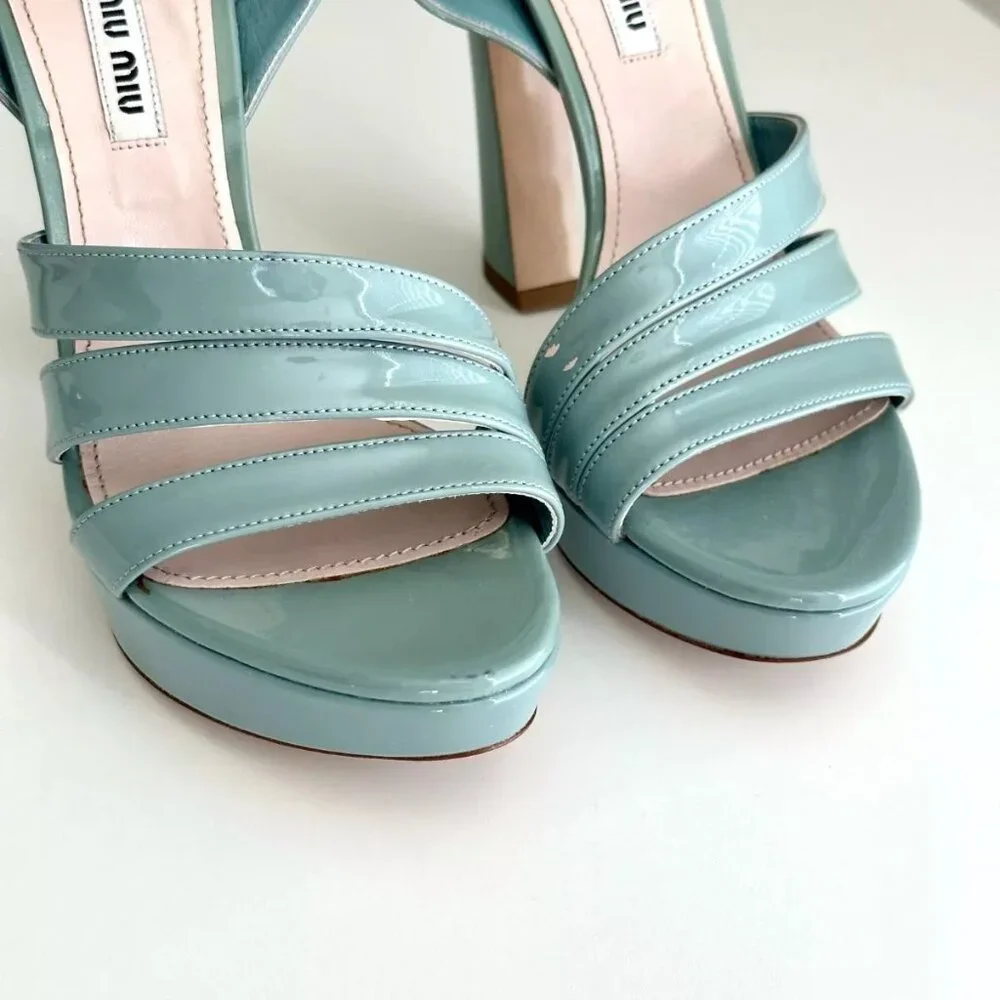 NEW MIU MIU Seafoam Blue Patent Leather Ankle Strap Platform Sandals Size 8.5